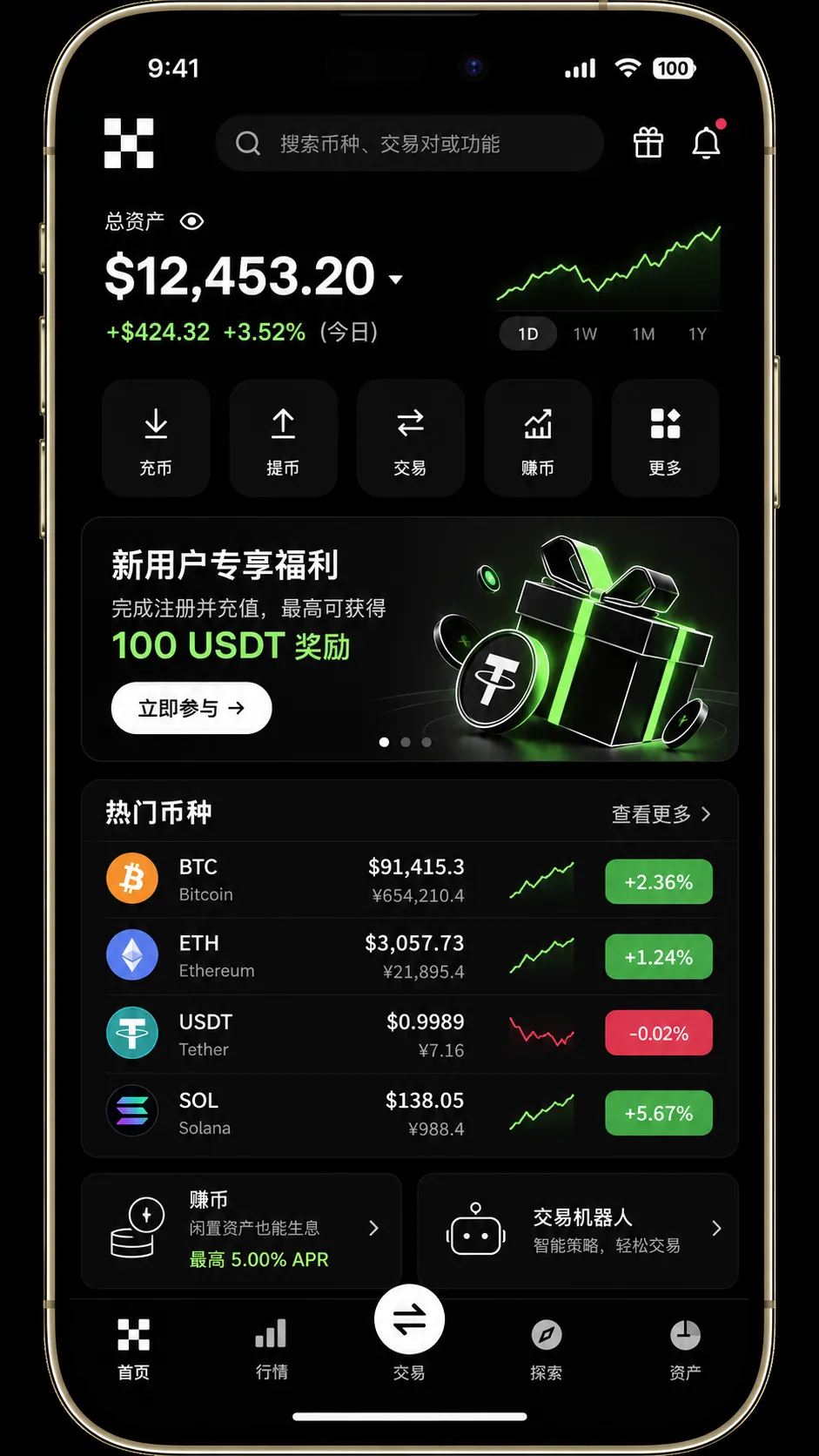 欧易 OKX 手机资产首页、功能入口与热门币种列表